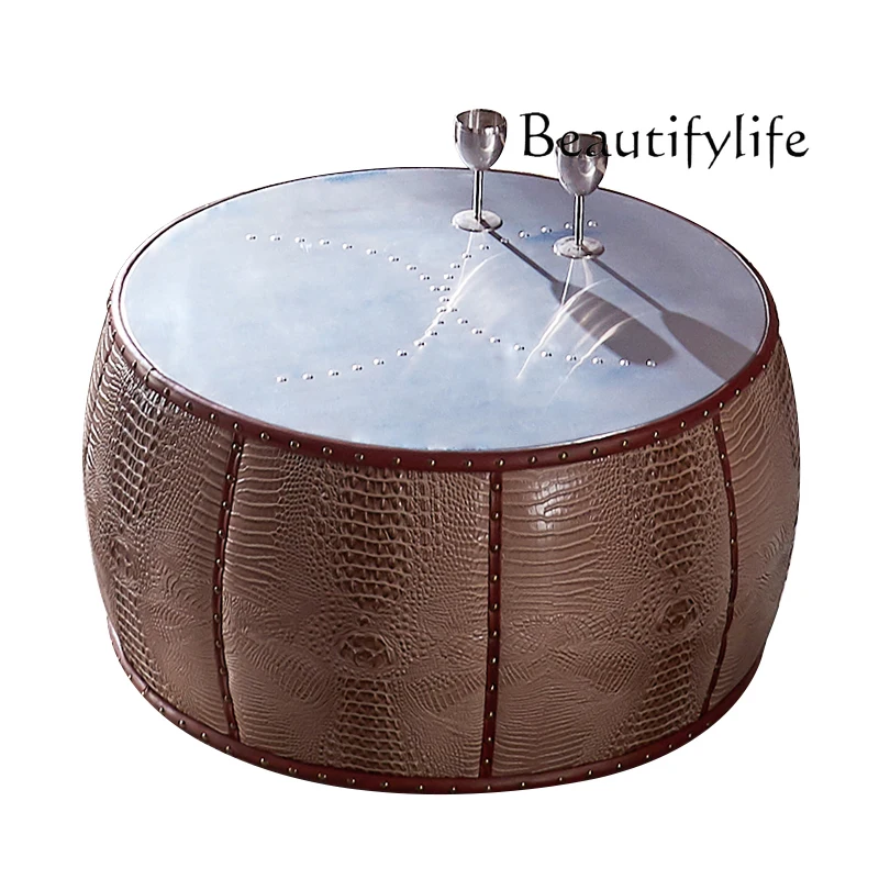 Medieval style oil wax leather industrial style retro round coffee table design creative round drum tea table club furniture