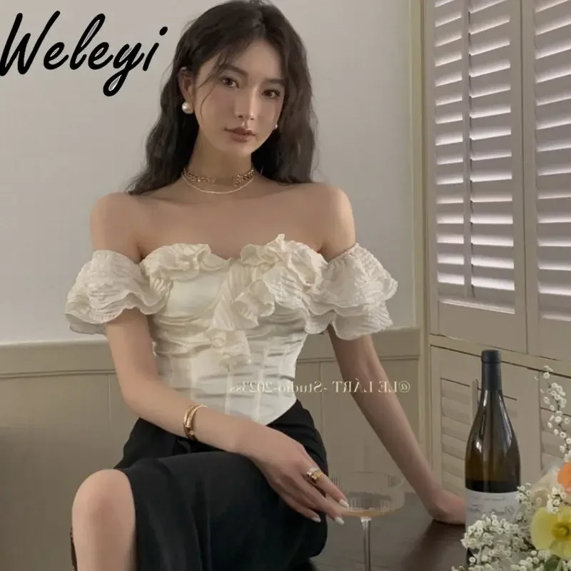 

Temperament Hor Girl Off Shoulder Ruffled Short Shirt 2025 New French Women's Summer Slim-fit Fungus Edge Cropped Corset Top