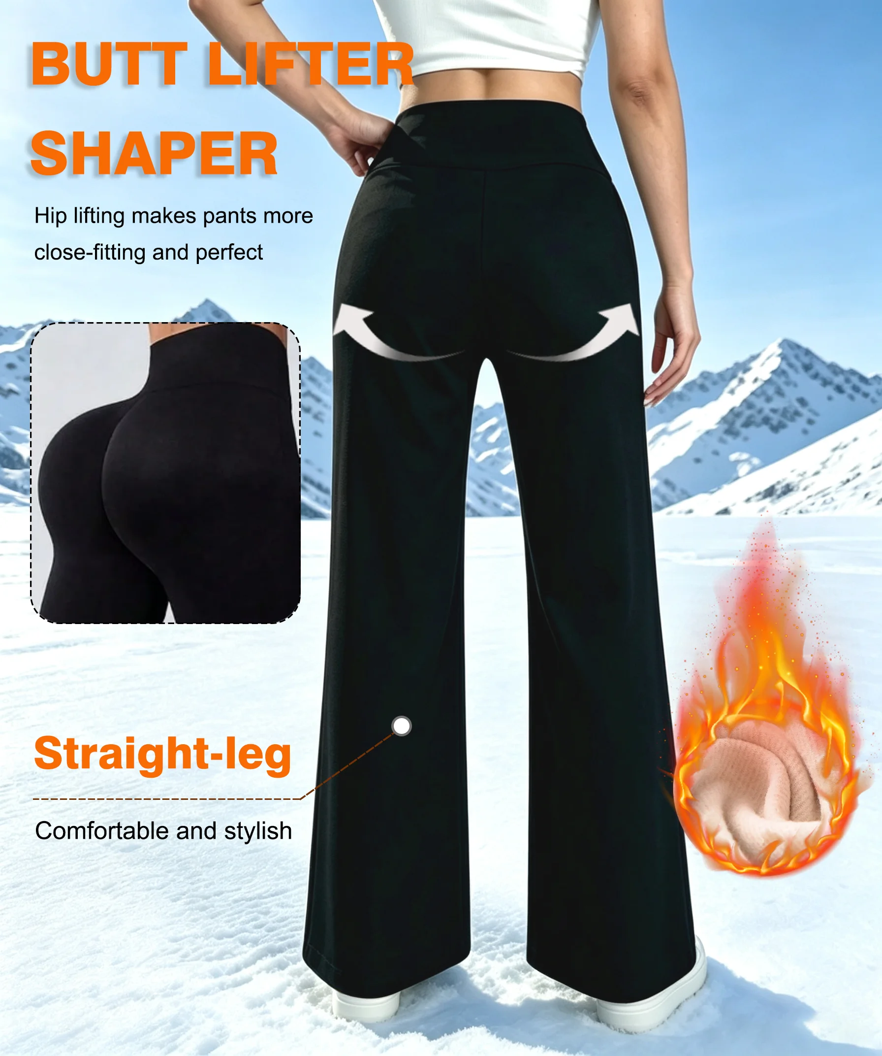 Ein Paar Damen-Samthose mit weitem Bein für den Winter, gekreuzter Bund, gerade geschnitten und außen samtig, warm und samtig. – Detail 2