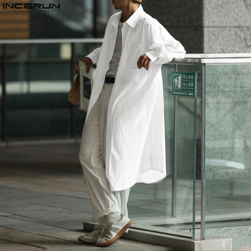 

INCERUN Мужская длинная стильная рубашка с лацканами и длинным рукавом, свободная уличная одежда, мужская одежда, 2025 г., модные повседневные мужские рубашки большого размера, топы, S-5XL