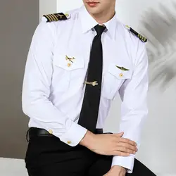 Spring Aviation Captain Shirt White Pilot Uniform Men Blouse Long Sleeve Work