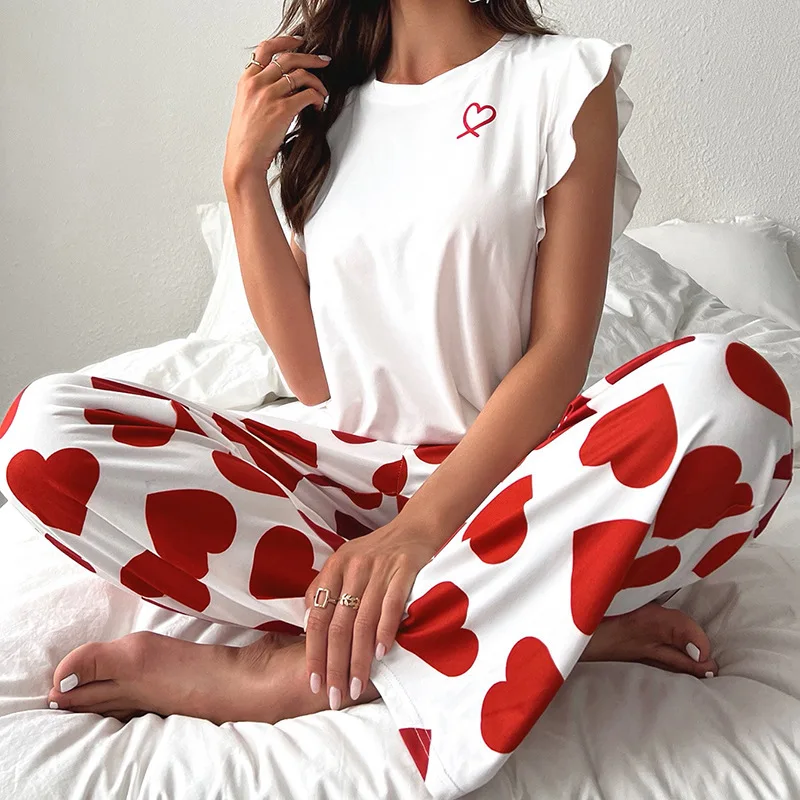 Women's summer home suit set with small sleeves top with heart-shaped printed pants two-piece set with sweet and casual pajamas