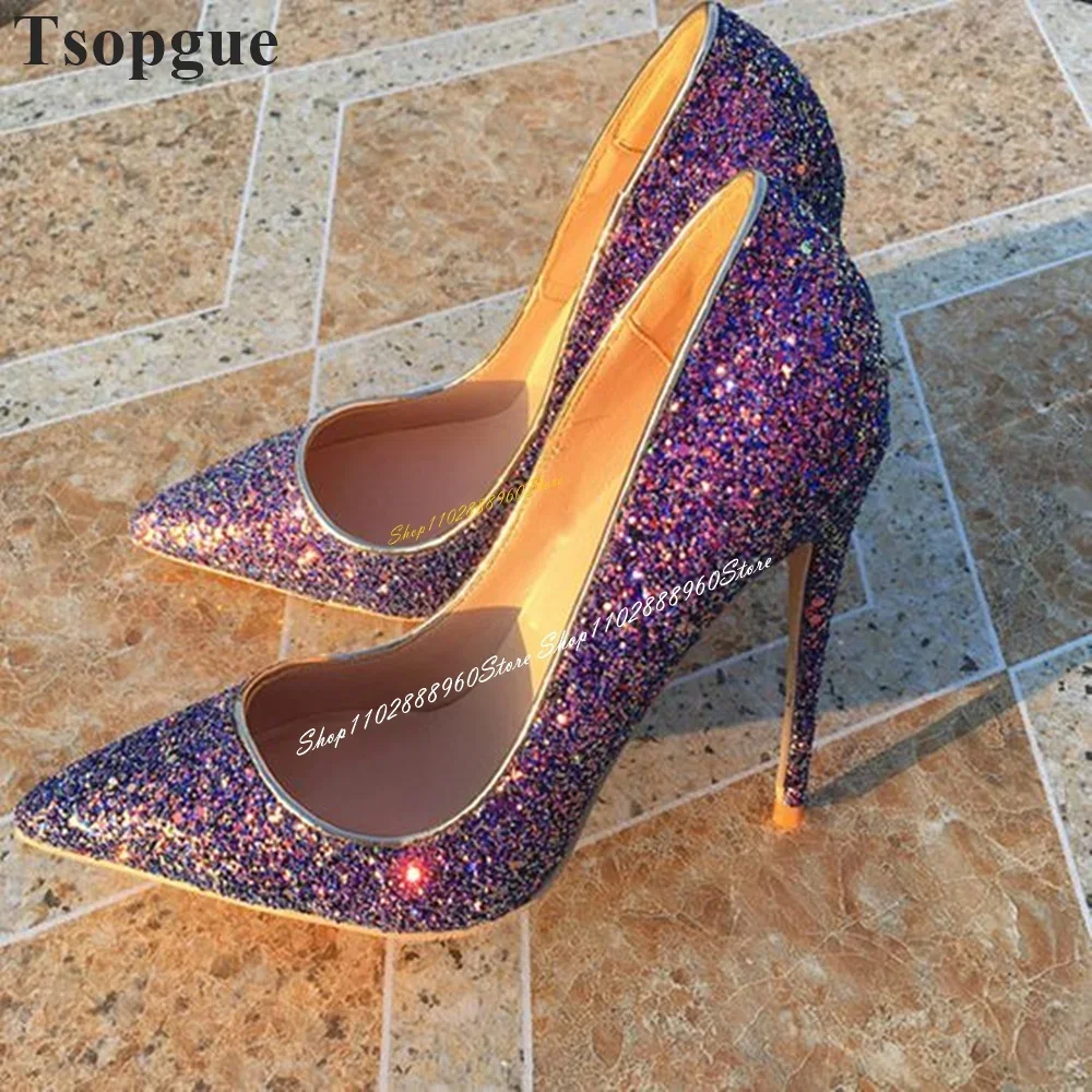 

Trendy Bling Purple Shallow Glitter Pumps Thin High Heel Women Shoes Slip On Pointed Toe Luxury Banquet Fashionable Women Pumps
