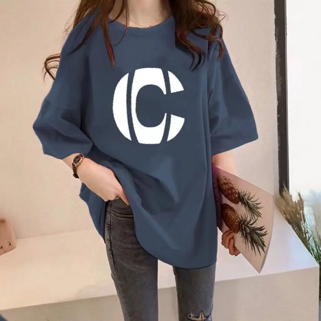 Cotton Short Sleeve T-shirt Women's Letter Round Neck Summer 2024 New Korean Version Loose Mid-length Large Size Half-sleeve Top