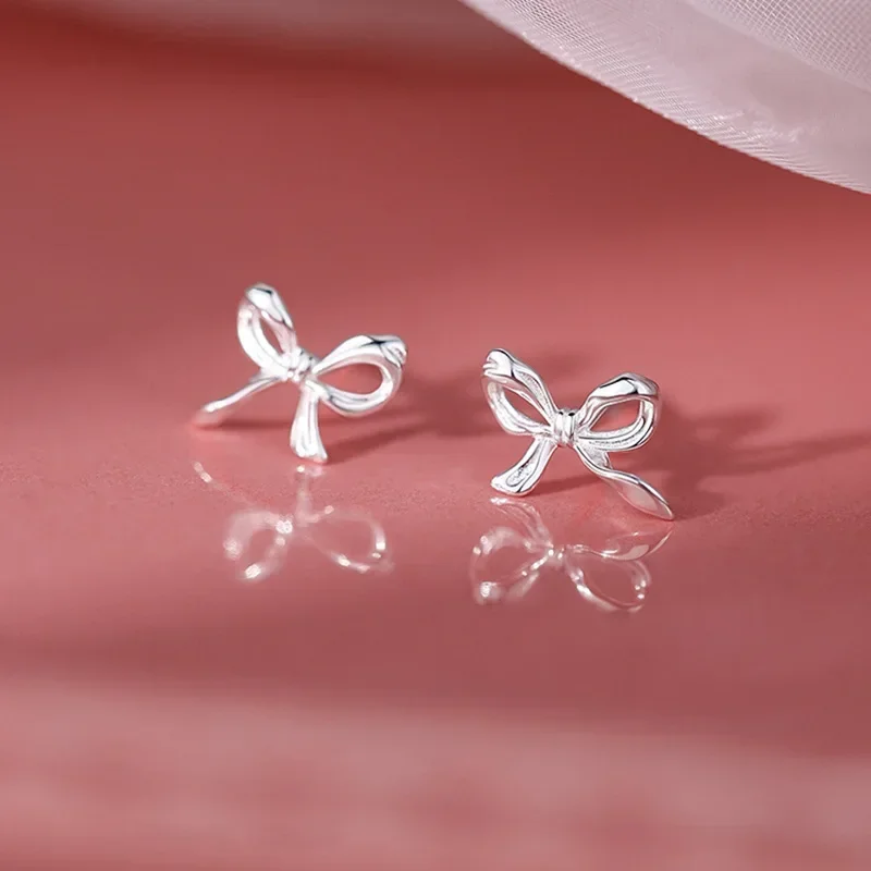 Elviragirl 1Pair Silver Sweet Cute Bow Stud Earrings for Women Silver Color Simple Minimalist Ear Piercing Jewelry Gifts