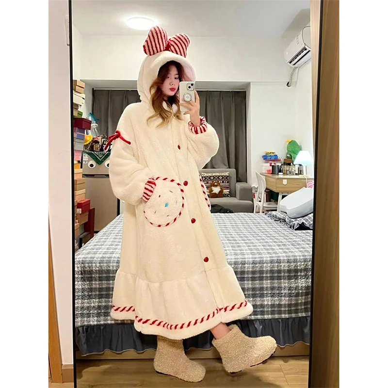 Hooded Robe Women Sleepwear Nightdress Ruffle Winter Night Wears Warm Fleece Pajama One Piece Nightgown Bow Long Sleeve Homewear