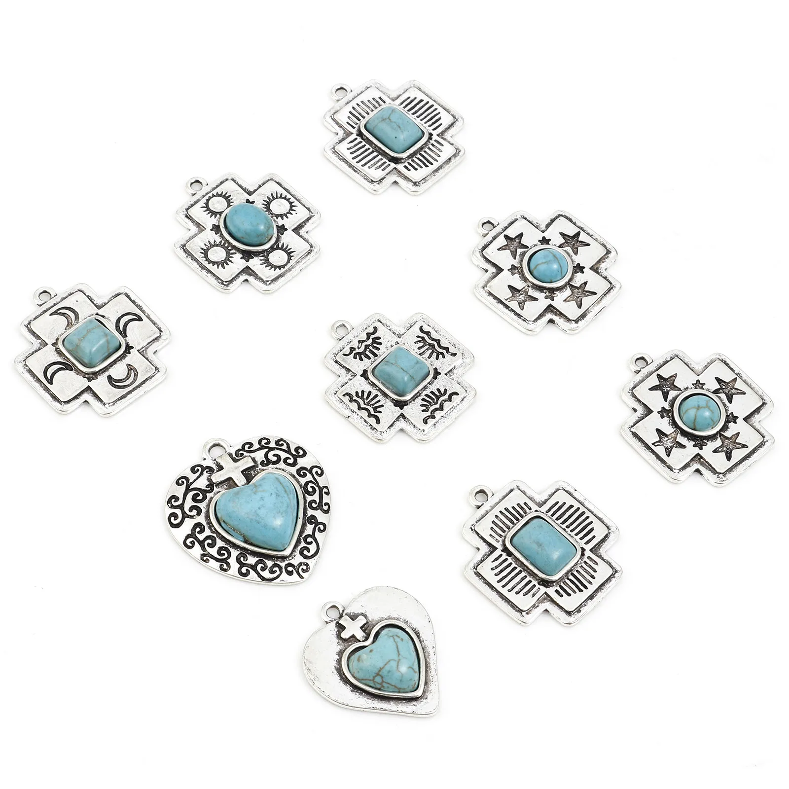 Bohemian Metal Charms Antique Silver Color Cross Heart Green Blue Stone Pendants DIY Necklace Bracelets Women Jewelry Gift,10PCs