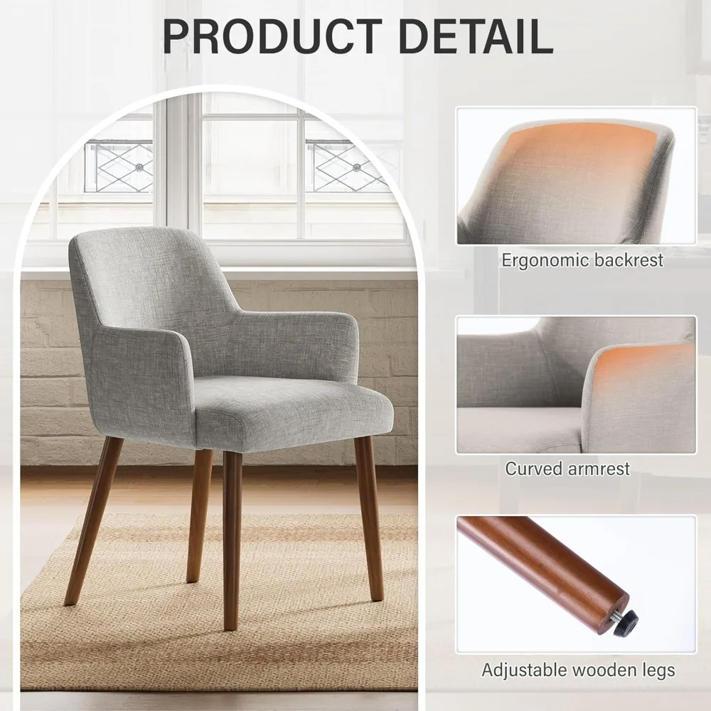 زوج من كراسي تناول الطعام المنجدة من القماش المعاصر مع مساند للذراعين المنحنية وأرجل خشبية