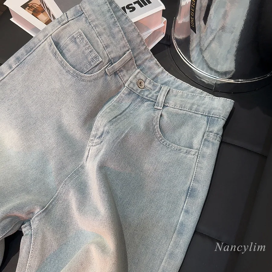 Modieuze Strass Glanzende Jeans Dames Smalle Wijde Broek Lichtblauwe Denim Broek Lente En Zomer Losse Casual Broek