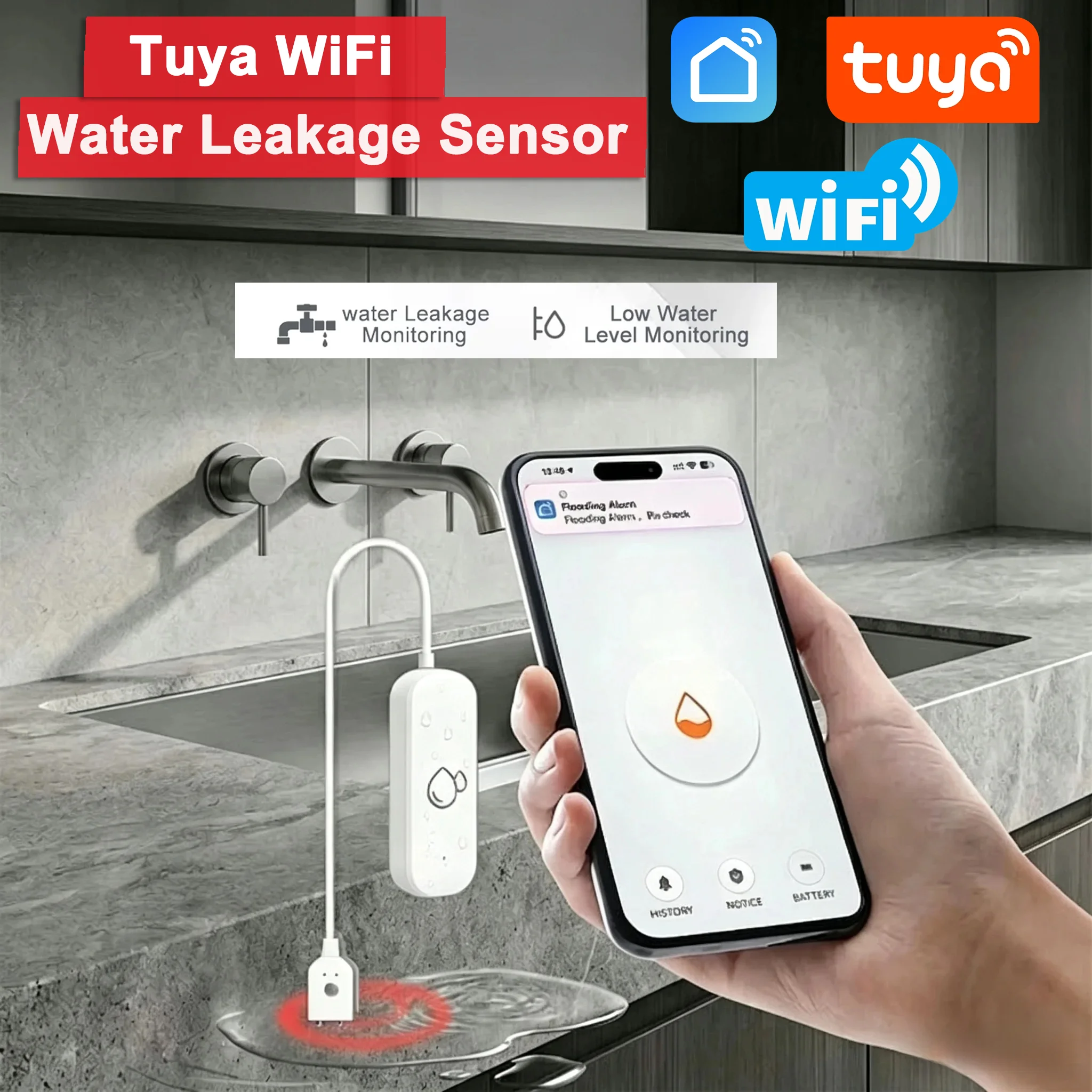 Tuya WiFi 3.0 Water Leakage Sensor Flood Detector Smart Life APP Remote Overflow Alarm Smart Home Security Protection