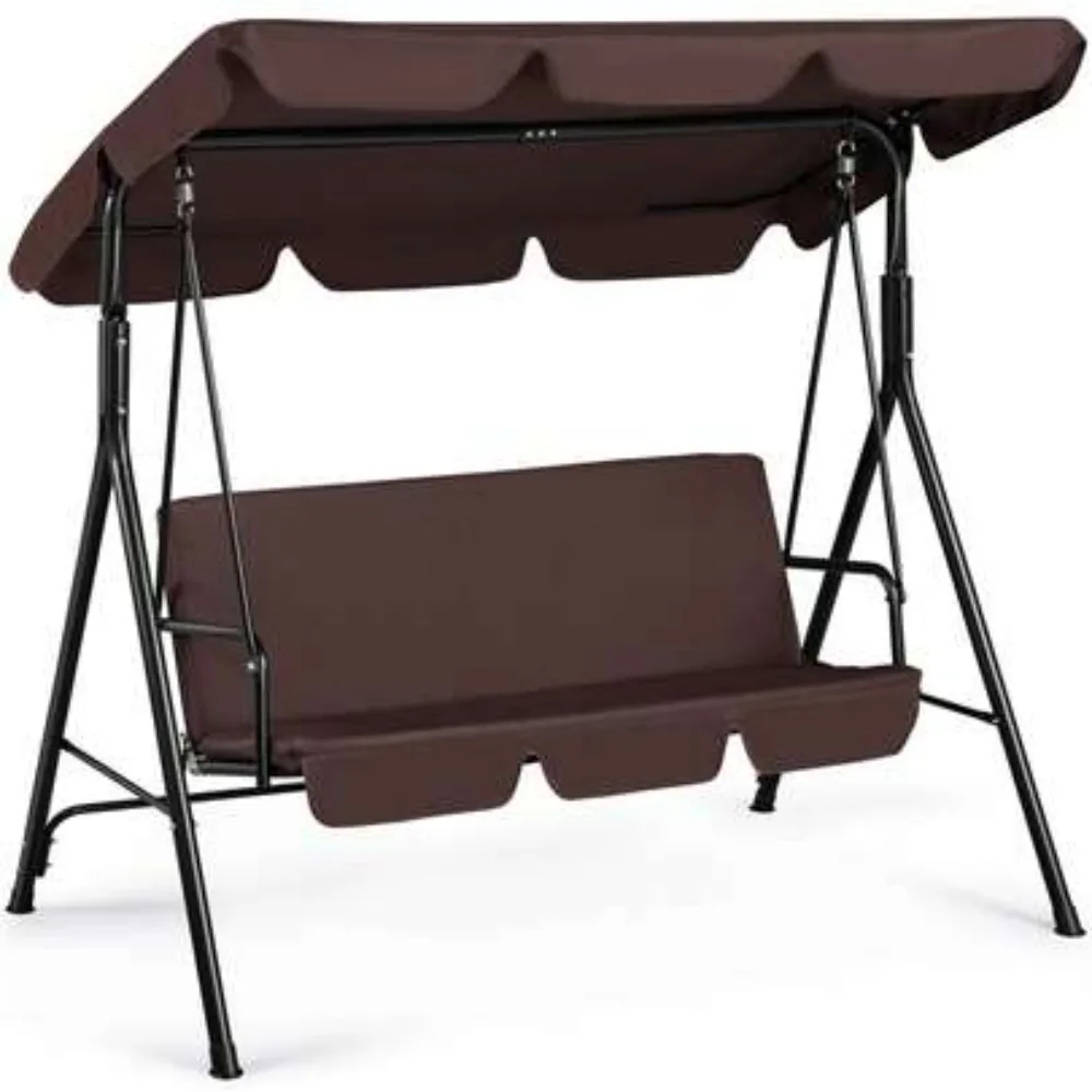 Outdoor Patio Swing Chair 3 Seat Heavy Duty Glider Swing with Adjustable Tilting Canopy and Thick Cushions, 550 Lb Capacity Weather Resistant Fabric, Anti-Slip Pads, Sturdy A-Frame for Garden Deck Balcony, Dark Brown