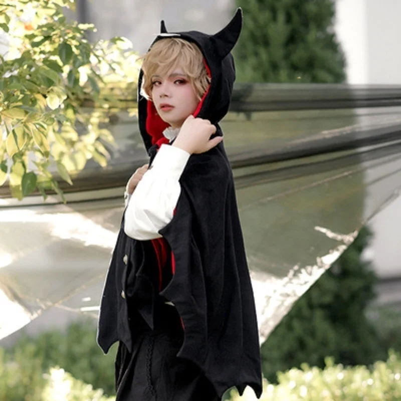 2023 Fleece Poncho Hoodie Cloak Coat Winter Kids Halloween Gothic Punk Black Devil Bat Wing Demon Costume Lolita