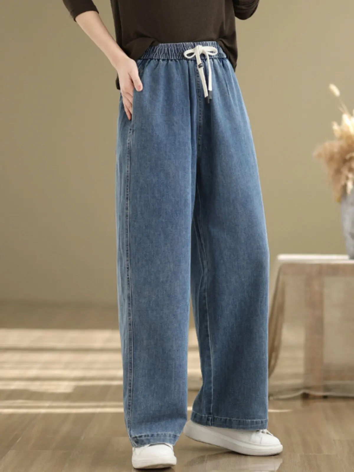 Women Wide Leg Denim Jeans High Waist Drawstring Loose Straight Multi Pocket Casual Spring Daily Pants