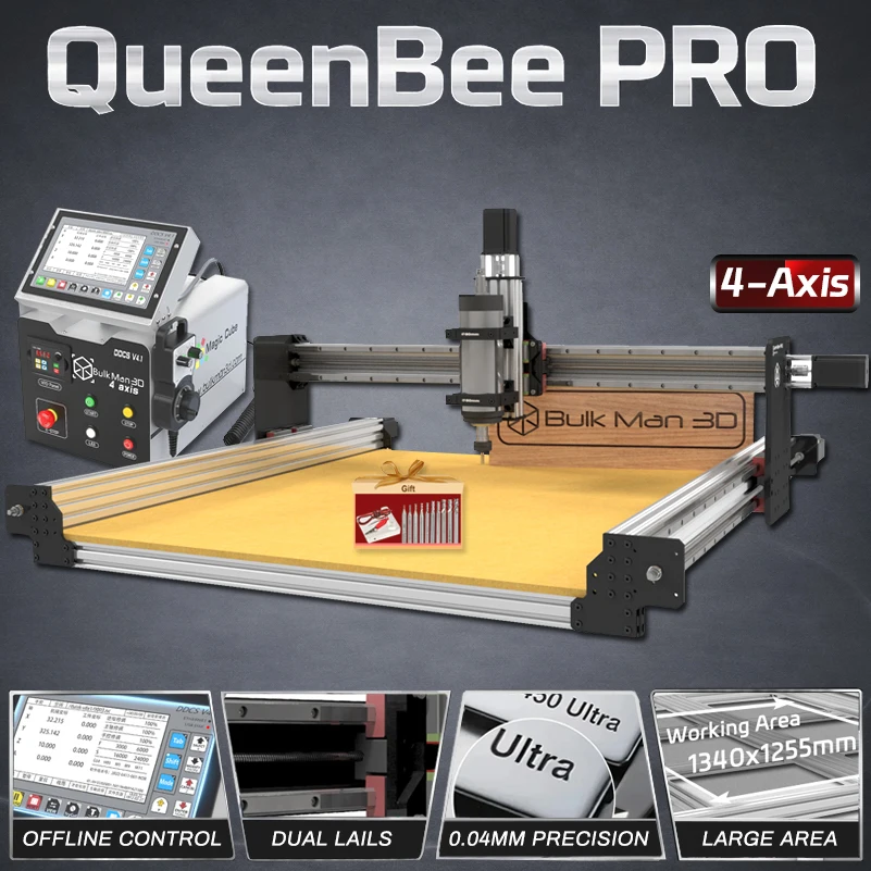 BulkMan3D QueenBee PRO 4-Axis CNC Router DDCSV4.1 Offline Control Dual Linear Rails Engraving Machine for Wood Metal Acrylic Cut