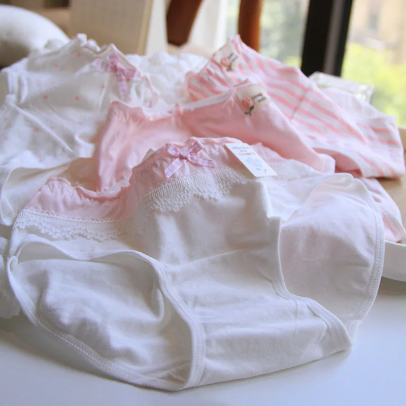 Korean Style Pink Sweet Cute Dot Stripe Floral Panties Soft Skin friendly Comfortable Pure Cotton Crotch Teen Girls Briefs 4pcs