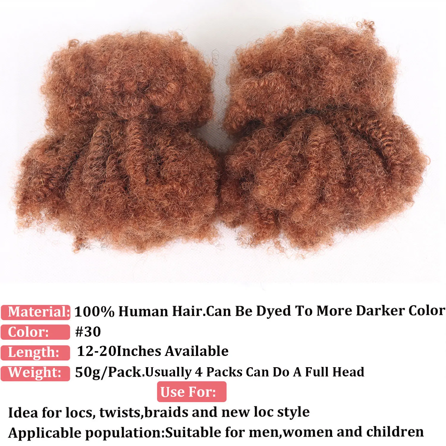 # 30 البني المحمر الأفرو غريب مجعد الشعر البشري السائبة للتضفير 50 جرام/الحزمة الكروشيه تمديدات شعر ريمي أقفال للضفائر لا لحمة