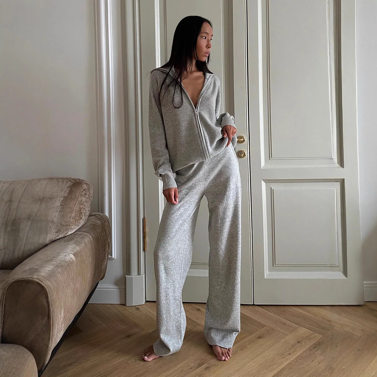 Americano europeu nova moda feminina cor sólida solta casual na moda simples 2 peças conjuntos com capuz zíper casacos calças de perna larga