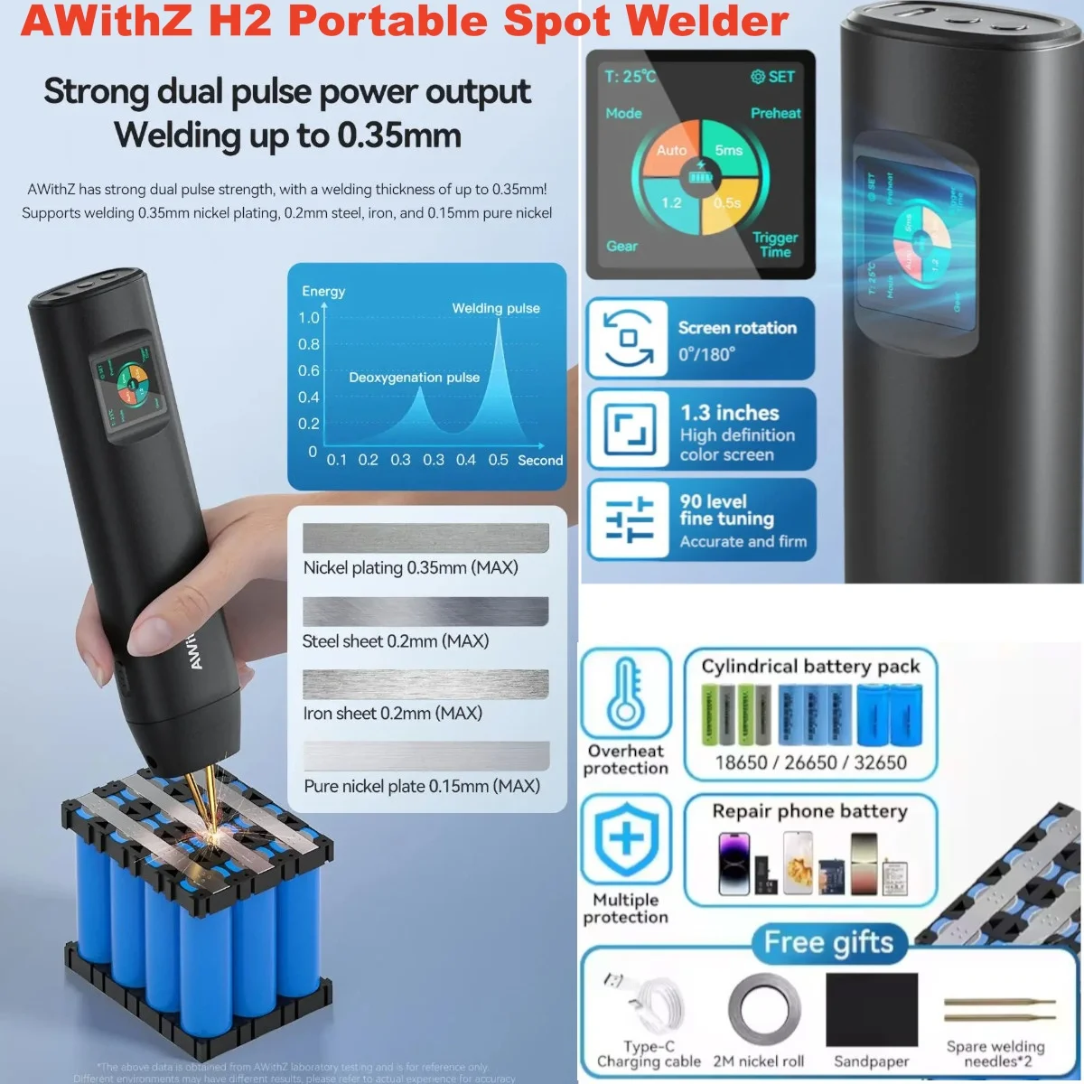 AWithZ Portable Mini Spot Welding Tools Kit Weldable 0.35mm 90 gears Adjustable Welders with LCD Color Display For 18650 Battery