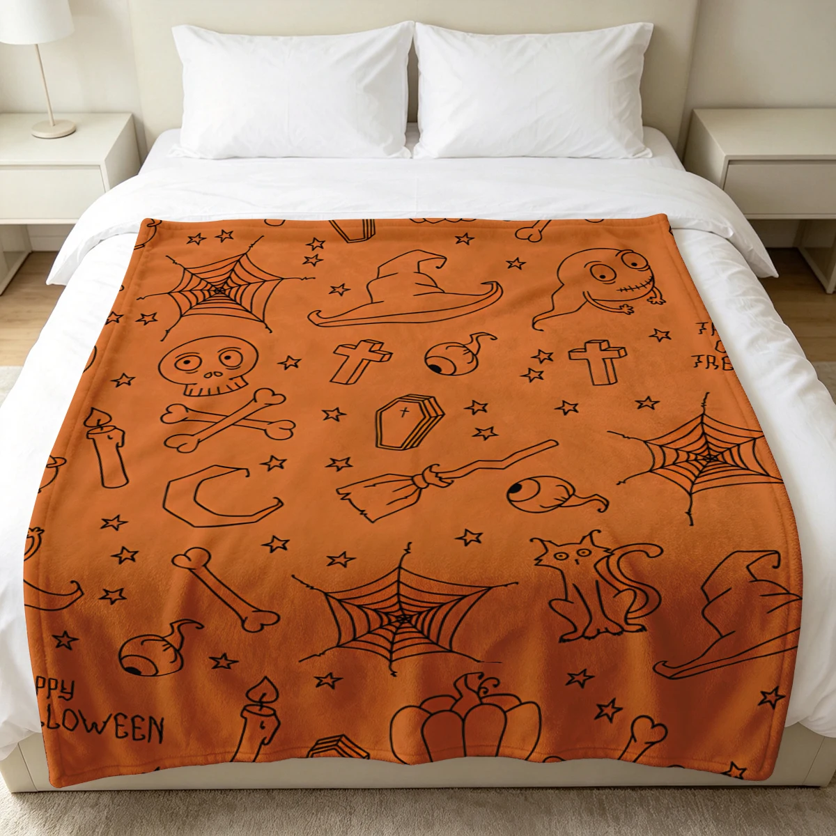 Orange Skull Eye Doodles Soft Fluffy Flannel Blanket Super Cozy Lightweight Bed Blanket for Halloween Sofa Bed Christmas Decor