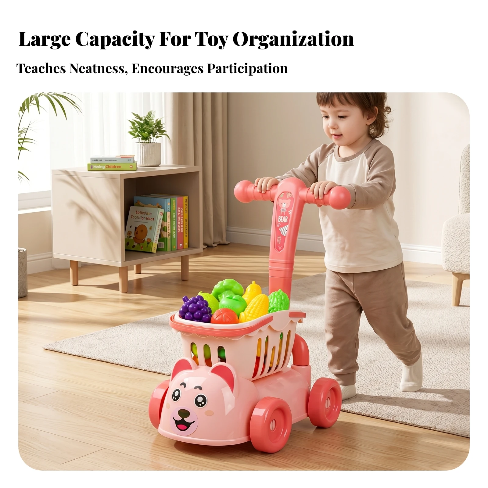 animal-face-shopping-cart-lower-shelf-fruit-and-vegetable-cart-set-toy-supermarket-trolley-tall-handle-plaything-colorful