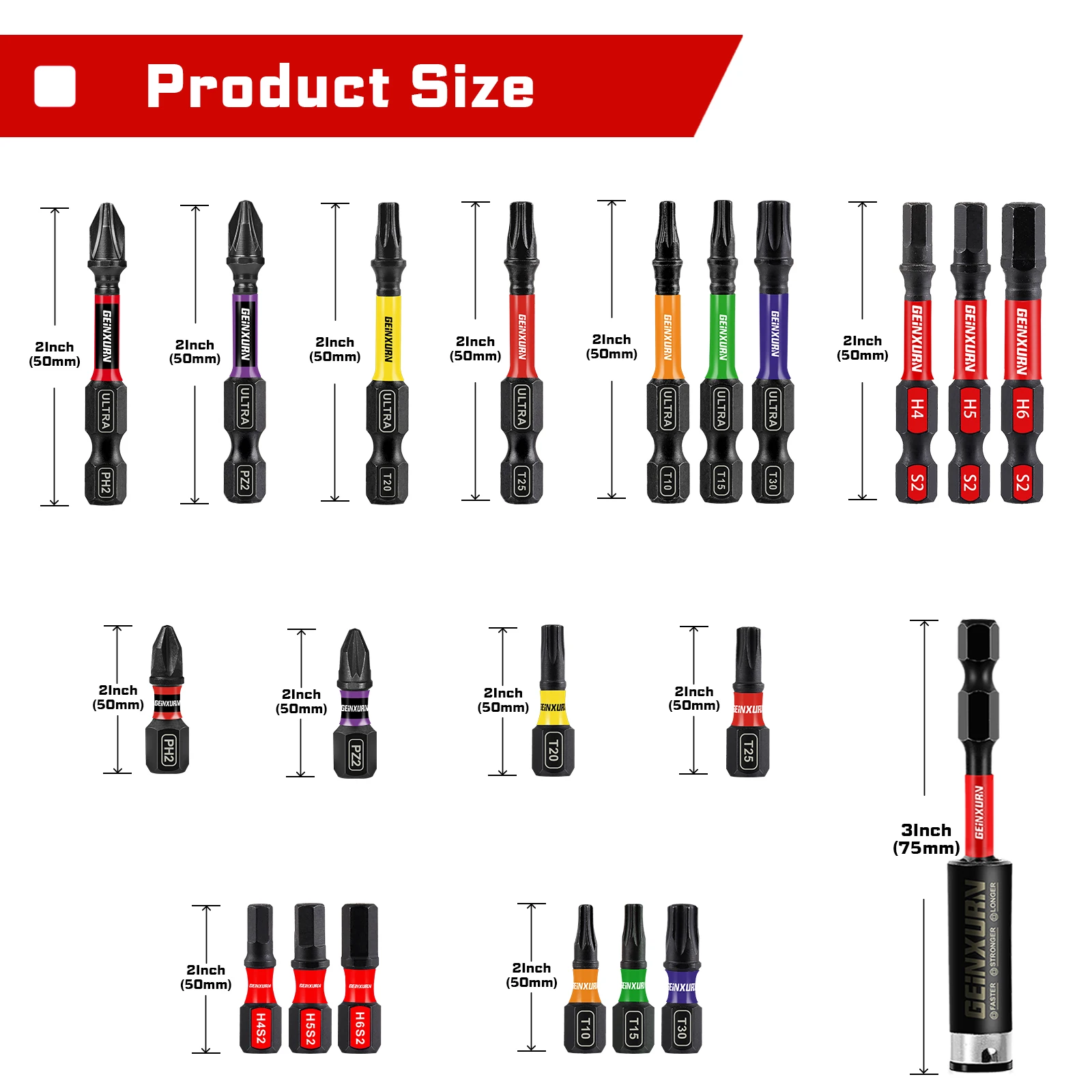 Geinxurn Impact Screwdriver Bits Set, 1"2" PH2/T20/T25 S2 Steel Multi Screwdriver Bits with Bit Holder with Storage Colorful Box