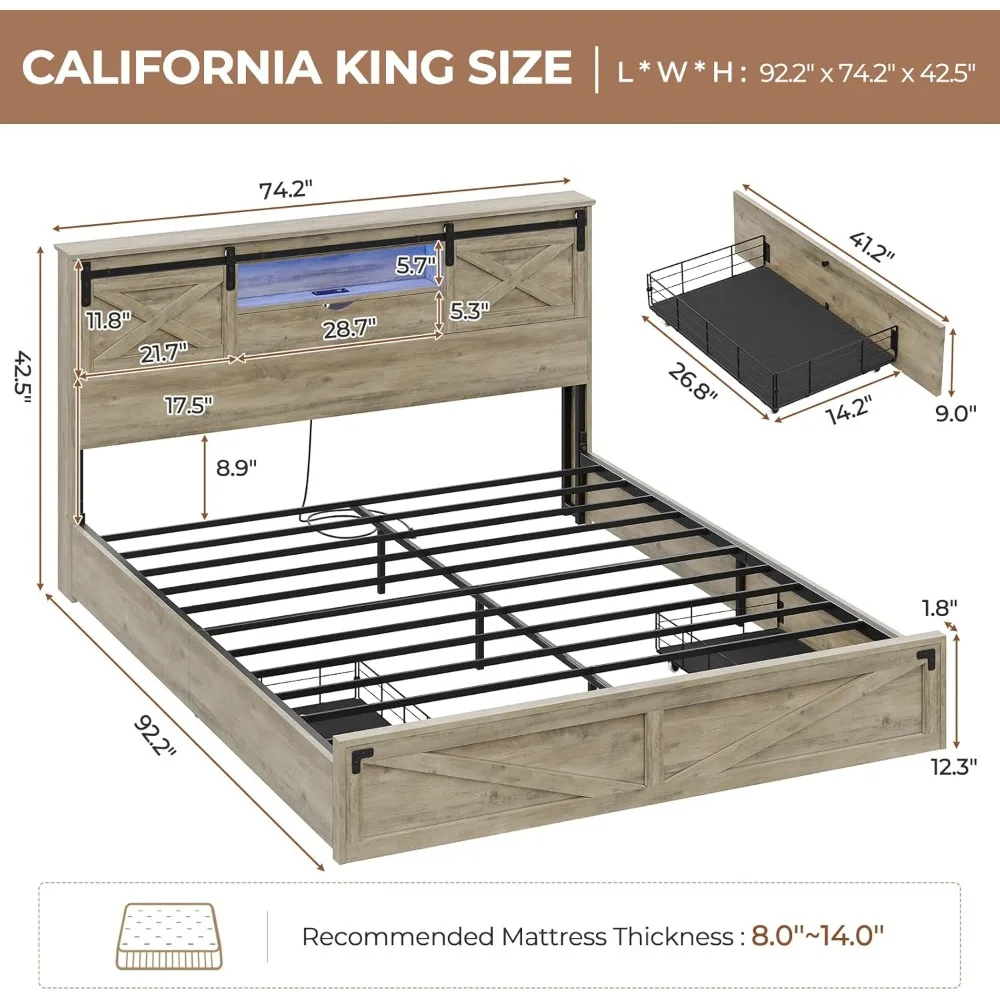 Farmhouse Bed Frame California King Size with Storage Bookcase Headboard, Wooden Cal King Bed with LED Lights, Charging Station