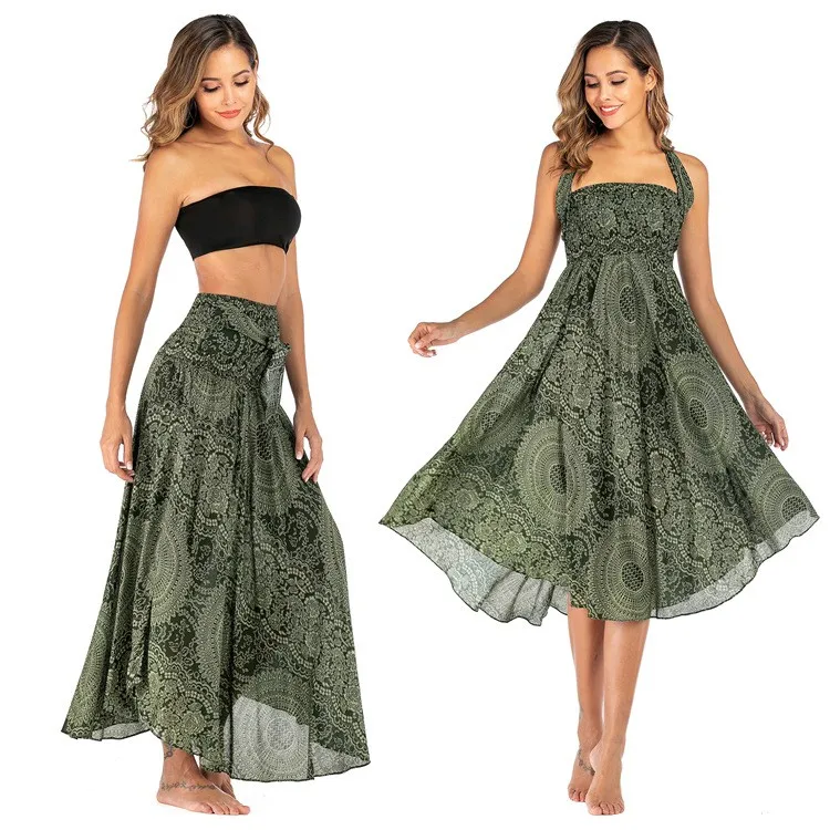 Casual Tiered Dress Mid Length with Relaxed Waist No Sleeves Collarless Two Way Wear Skirt Artistic Retro Printed Women Skirt