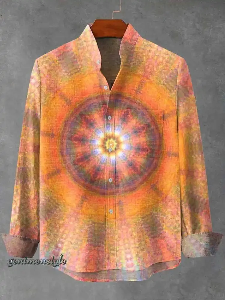 2025 Shirt Elegant Fragmented Pattern Printed Top Spring and Autumn Men's Fashion Stand collar Linen Long sleeved