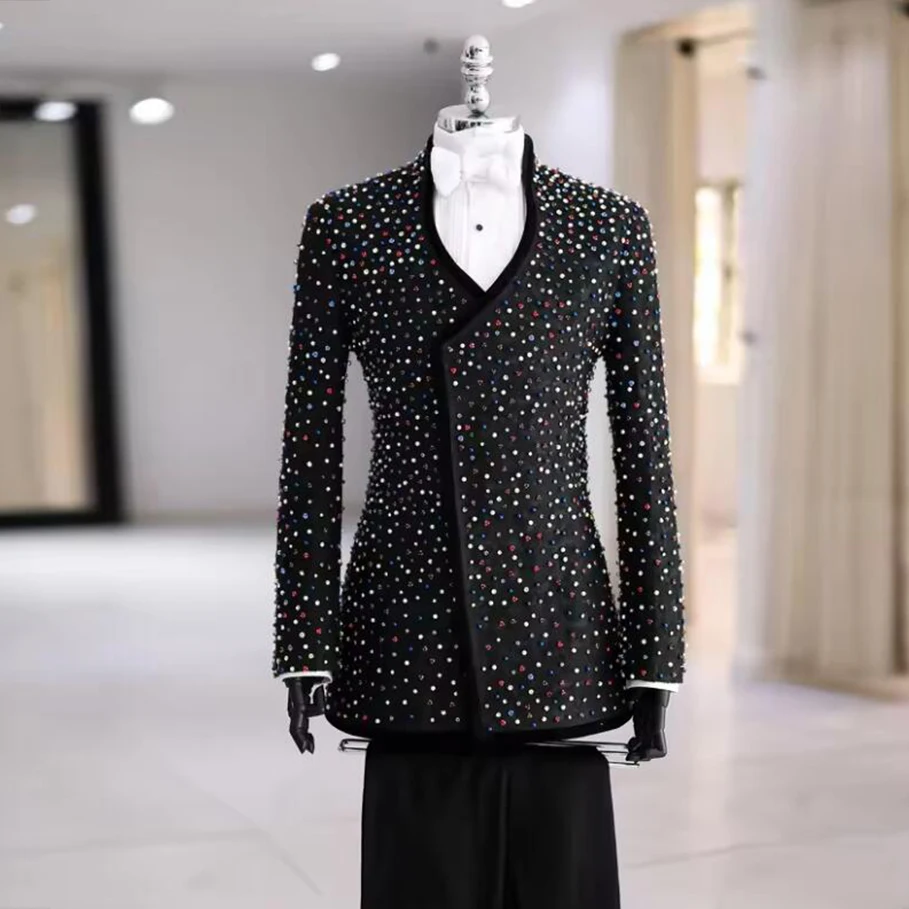 

Brilliant Crystals Beaded Men's Suits 2-Piece Double Breasted Wedding Tuxedos Slim Pearls Prom Blazer Customized Costume Homme