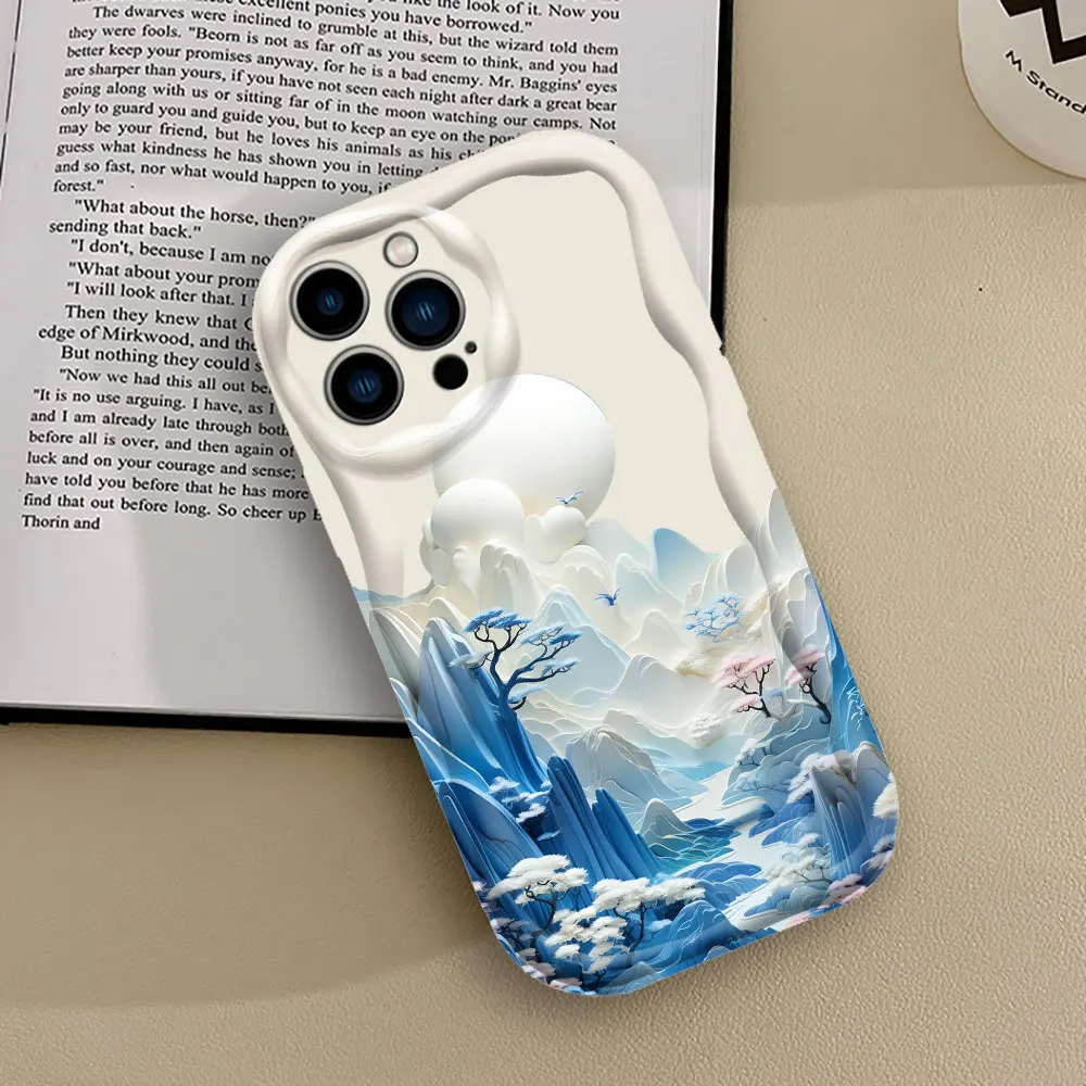 3D Retro Mountain Scenery Phone Case For iPhone 15 14 13 12 11 Pro Max Mini 7 8 Plus X XS XR Cool Luxury 3D Wave Silicone Cover