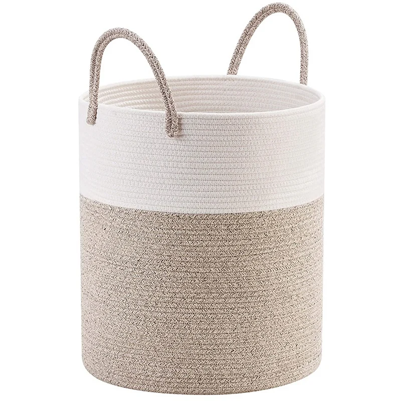 Decorative Woven Cotton Rope Basket, Tall Laundry Basket/Hamper, Blanket Basket For Living Room