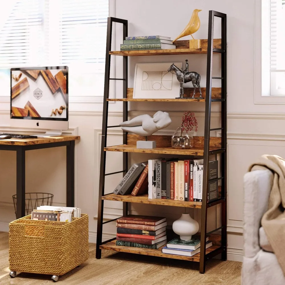 

Industrial Bookshelves and Bookcases, Ladder Shelf 5 Tiers with Metal Frame for Living Room, Home Office