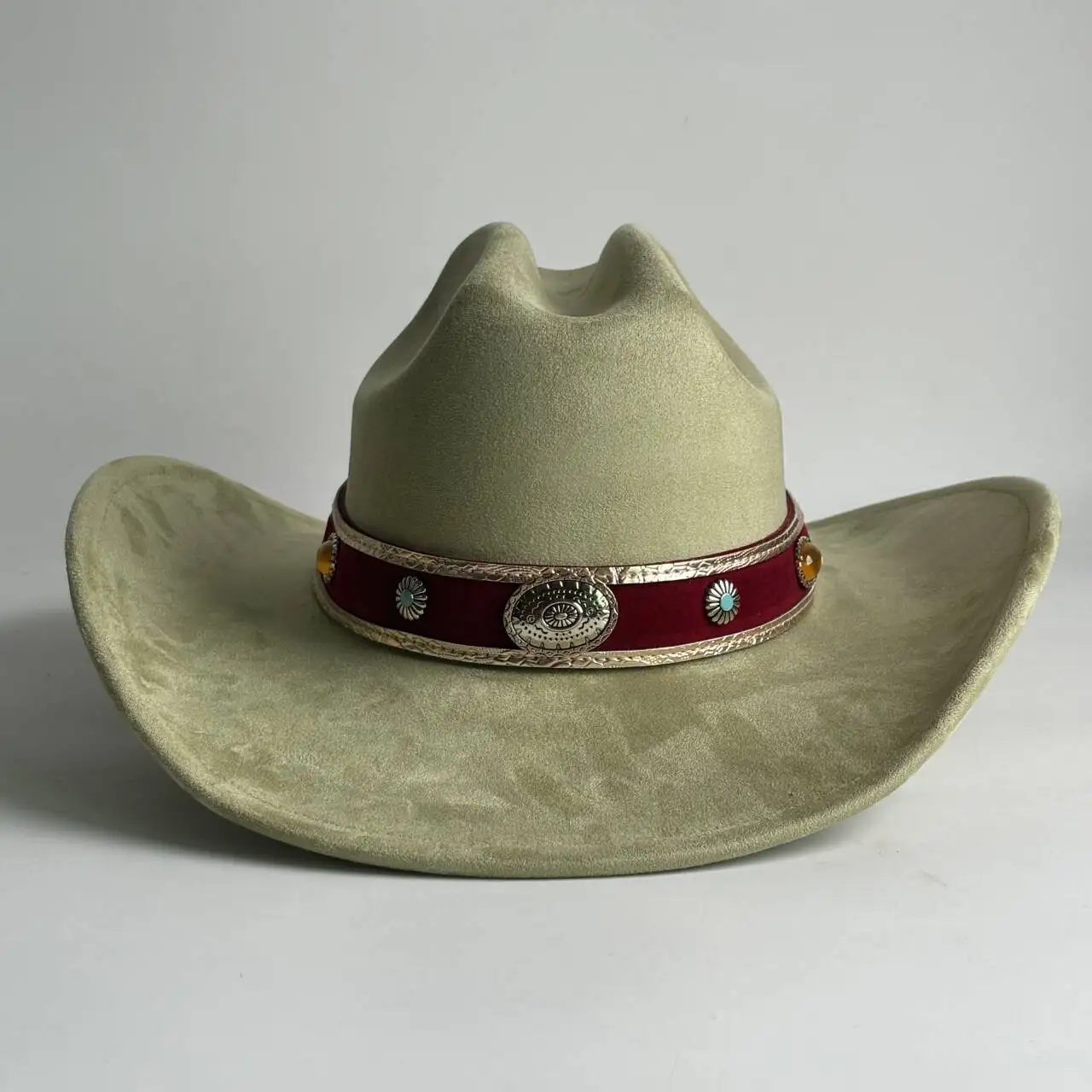 Western Cowboy Hat for Women Suede Wide Brim Fedora Hat with Red Velvet Band Turquoise Metal Ornament Bohemian Cowgirl Hat for V