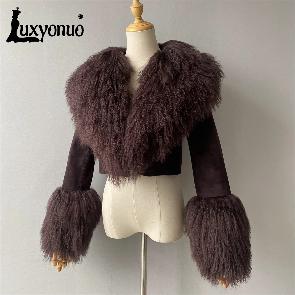 Luxyonuo jaqueta feminina de couro de camurça real luxo grande gola de pele de ovelha mongol e punho senhoras outono inverno moda casaco quente