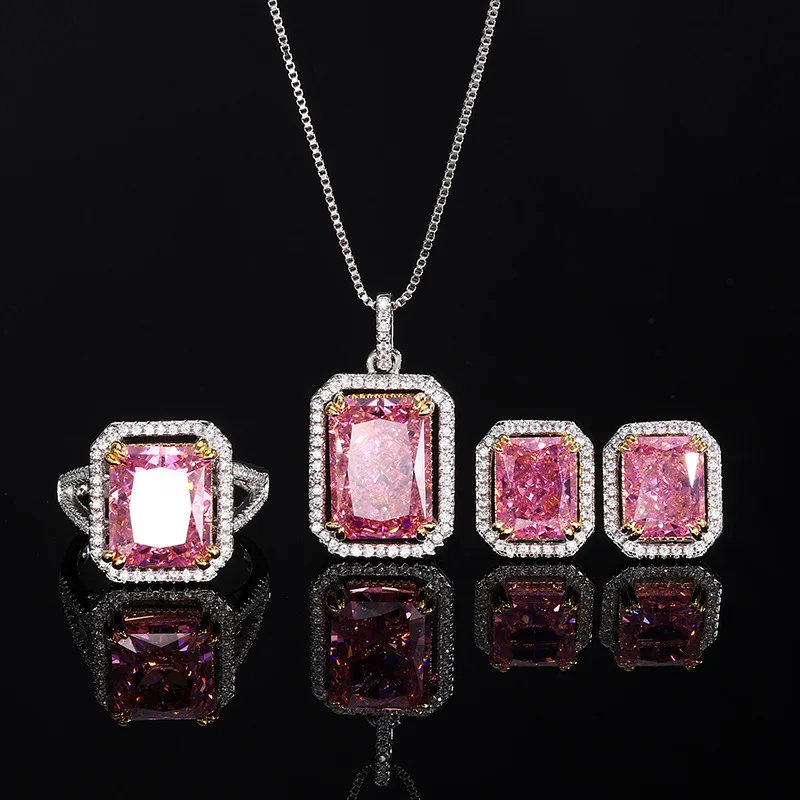 

Pink Yellow Purple Crushed Ice Cut High Carbond Diamond Pendant Necklace Stud Earrings Adjustable Ring Micro Zircon Jewelry Set