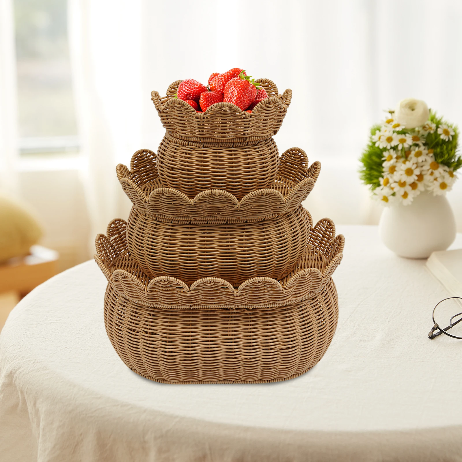 

Набор фестончатых корзин из 3 предметов с крышкой, набор плетеных корзин из ротанга для хранения из 3 шт., набор плетеных корзин