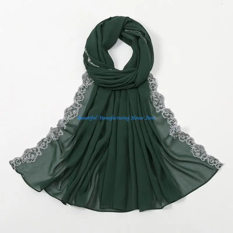 

E56A Fashion Malaysia Scarf Shawl for Woman Lace Floral Trim Wrap Casual Hijab Scarves Shawls Foulard Female Supplies