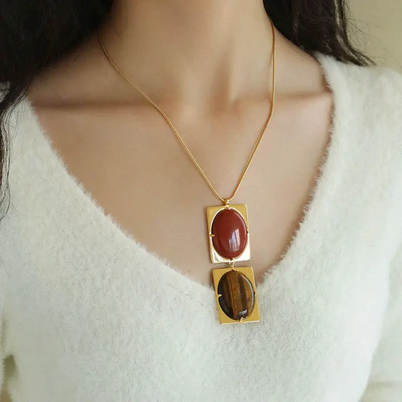 Brass Chunky Statement Natural Stone Square Linked Necklace Women Jewelry Punk Designer Runway Rare Gown Boho Japan Korean