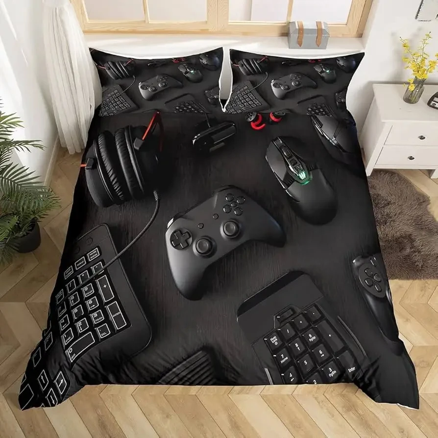 Gamer Duvet Cover Full Gaming Gamepad Bedding Set for Boys Teens Gradient Honeycomb Quilt Cover Playing Games Comforter Cover