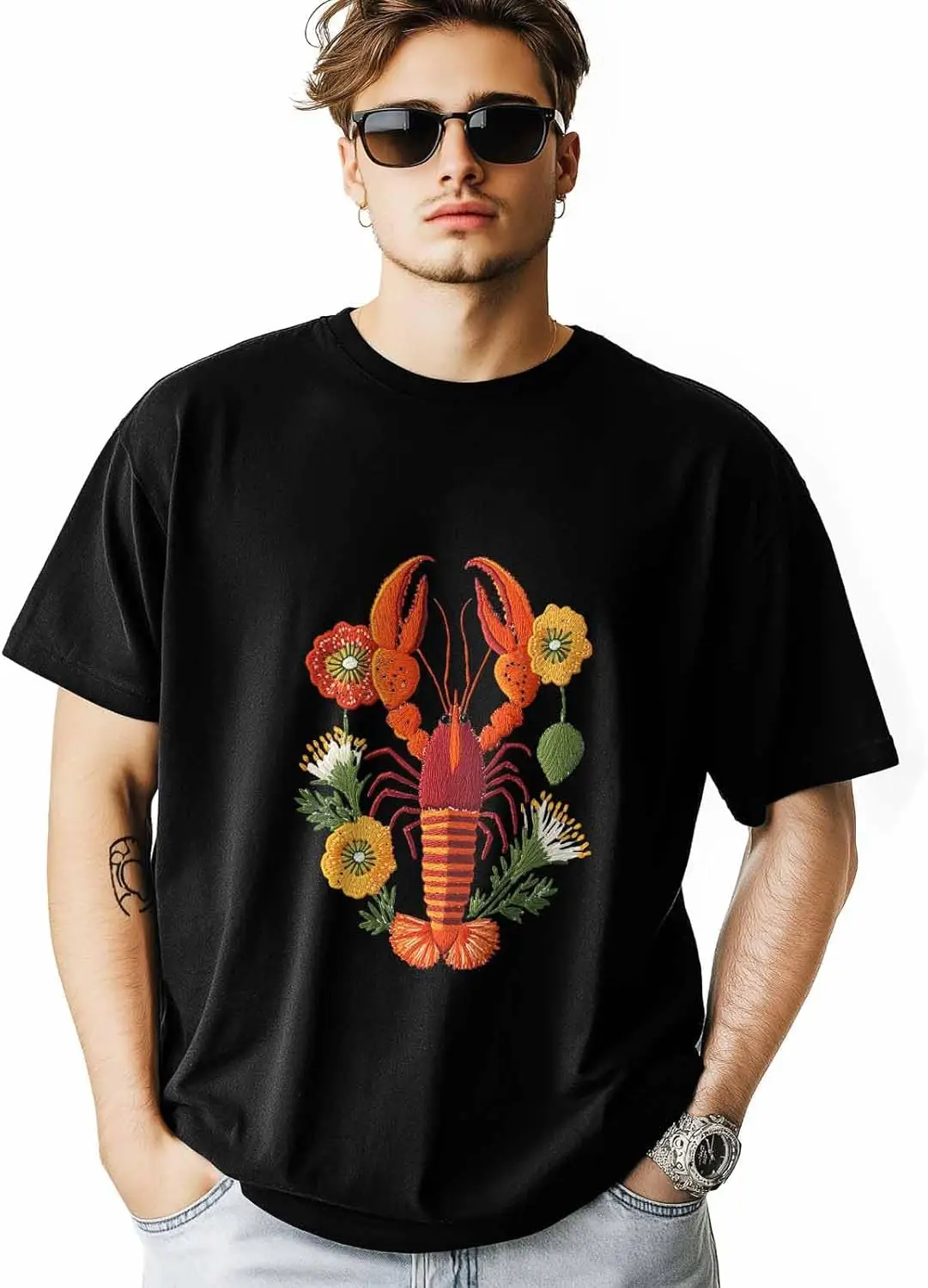 

Mens T-Shirts, Spring Floral Crayfish Mens Graphic T-Shirts/Workout Shirts, Classic Tees Men/Boys/Teen