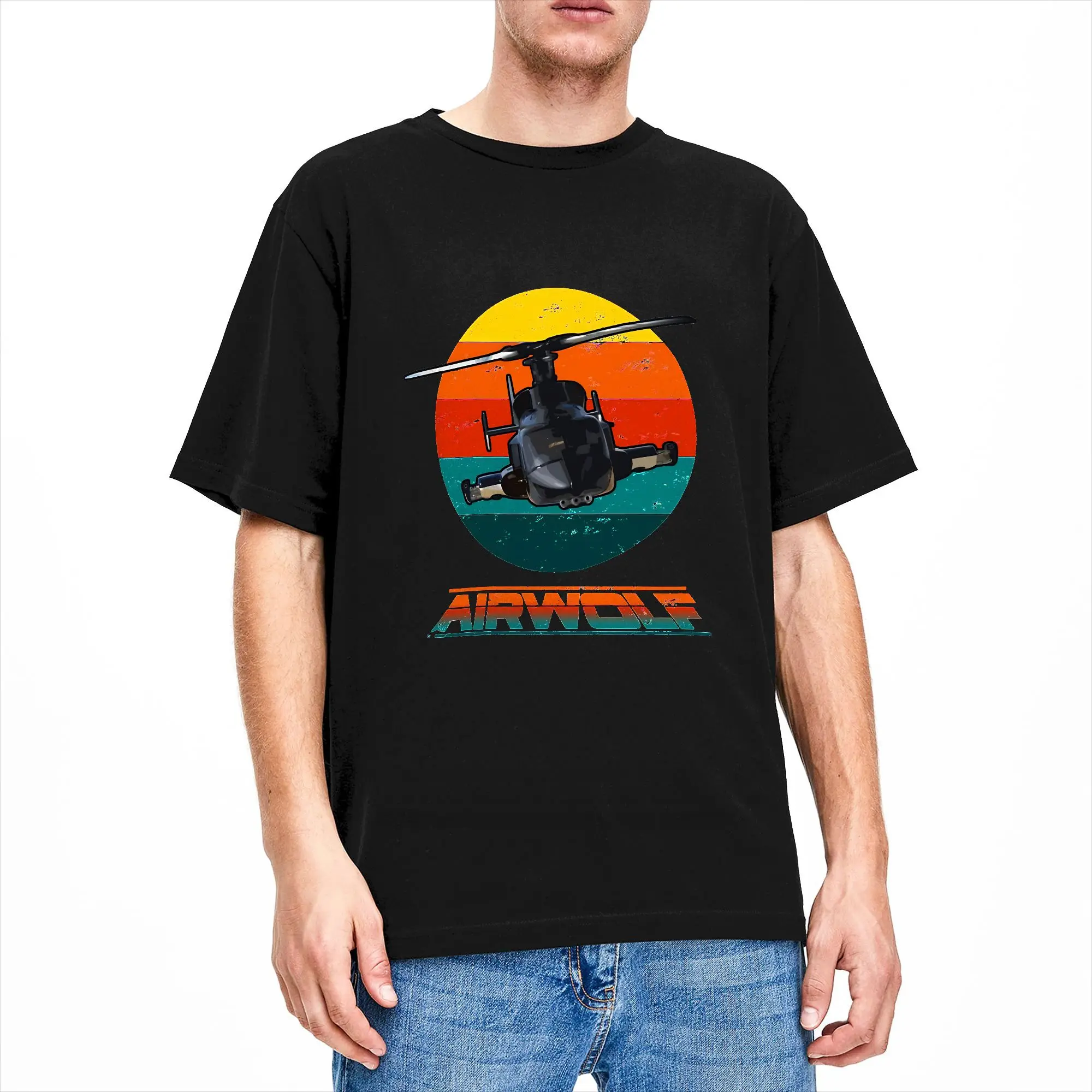 Mens T Shirt Airwolf Sunset 1980s T-Shirts Trendy Cool  Summer Tee Shirt Y2K Retro 100% Cotton Tops Gift