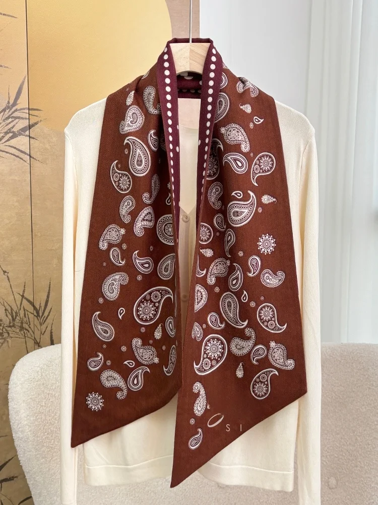 両面カラー不一致シルク＆ウールロングスカーフ-2026年春スタイル-22x44cm-多機能花柄レディーススカーフ