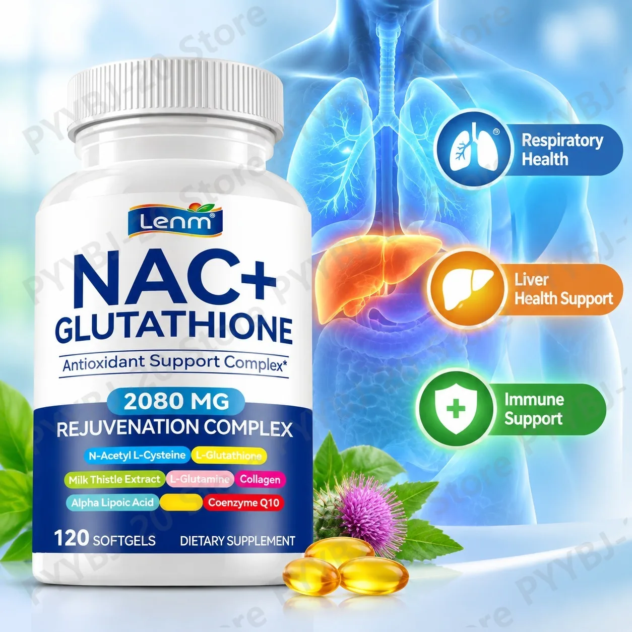Lenm NAC+Glutathione Softgels Liver Health Support Respiratory Health Immune Support with Milk Thistle ALA CoQ10 2080mg 120ct