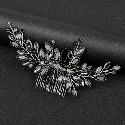 Luxury Girl Hair Comb Black Pearl Rhinestone Bridal Jewelry Hair Accessories Alloy Leaf Shape Hairpin For Women Wedding