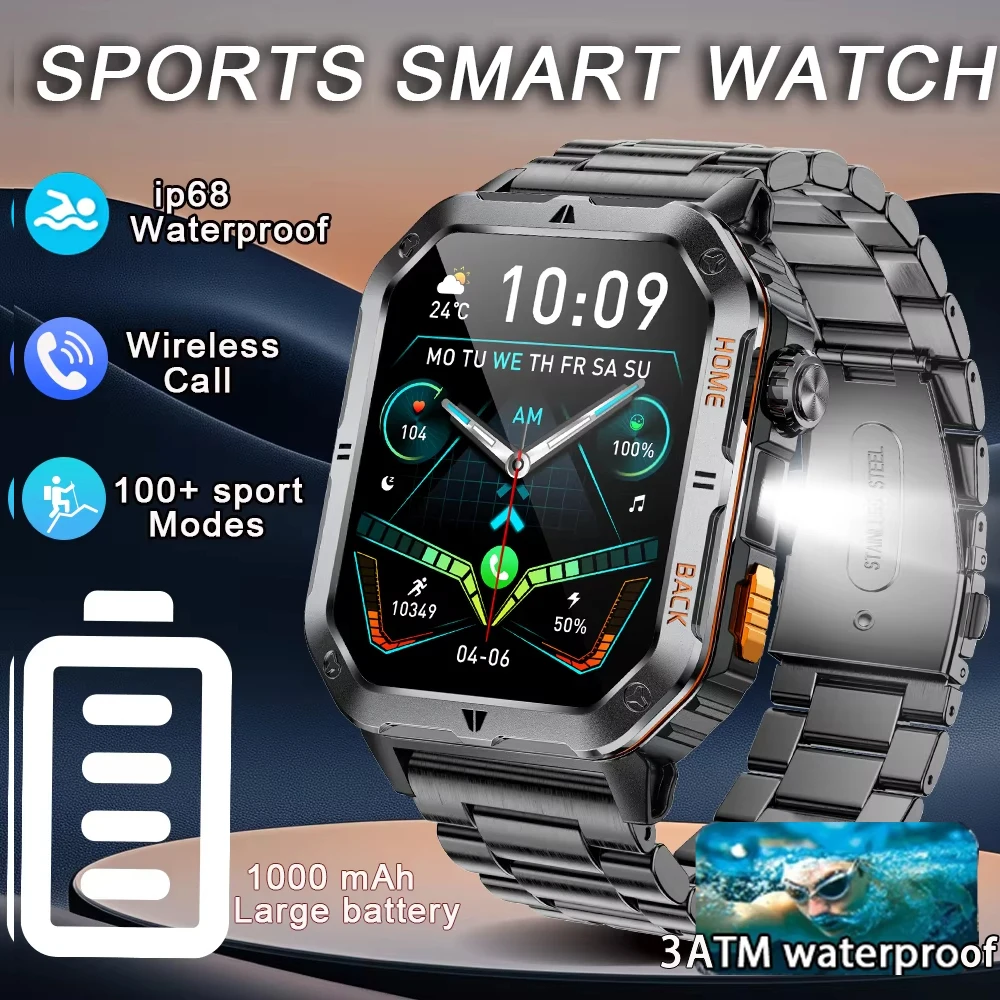 

2025 New outdoor smartwatch1000mAh LED flashlight BT Call Health Monitor Waterproof Sports Men and Women Watch For Android IOS