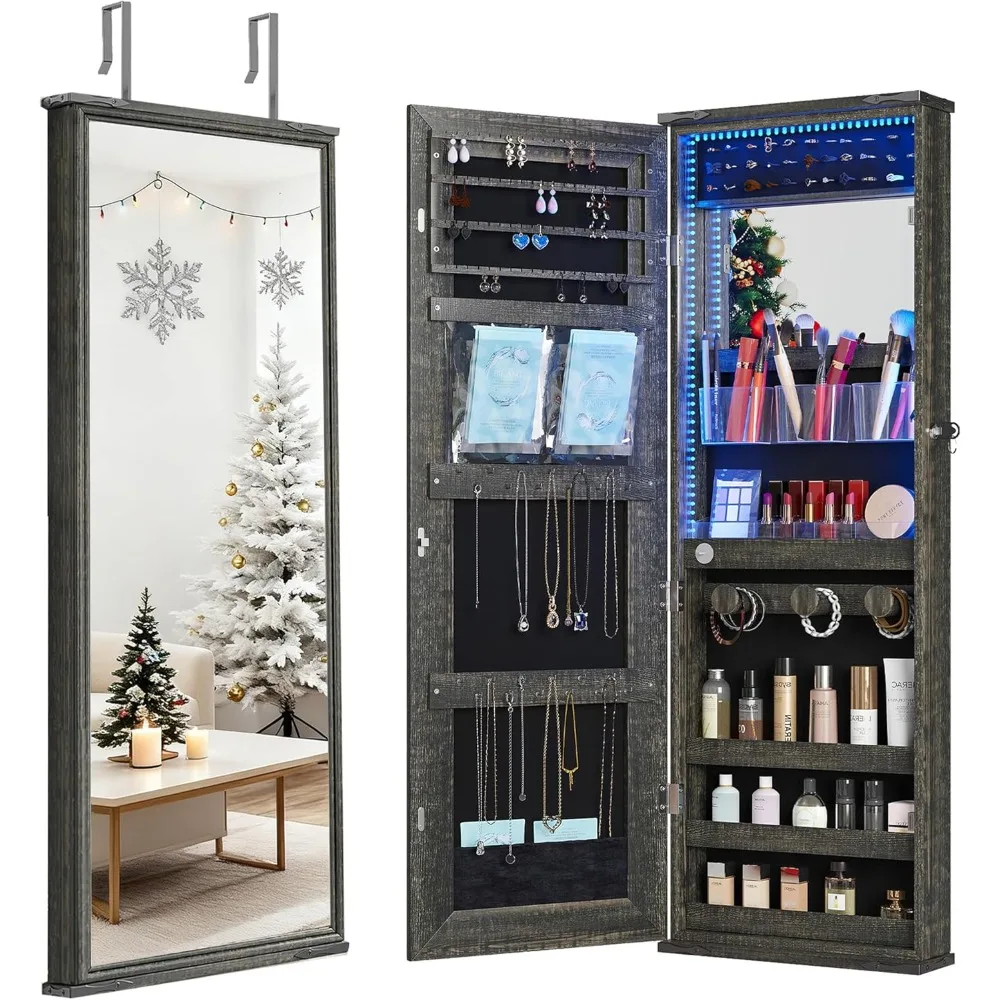 

Over the Door Jewelry Organizer, 12 Hollywood Bulbs Hanging Jewelry Armoire with Full Length Mirror