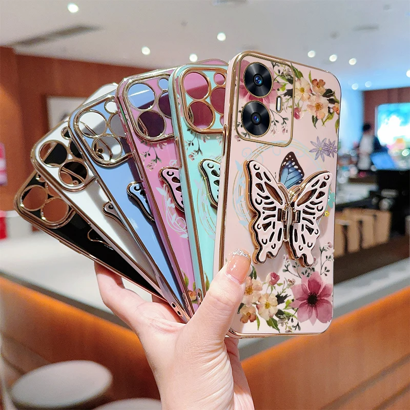 C 55 Flower Butterfly Plating Holder Phone Case For OPPO Realme C35 C53 C63 C33 C55 C67 C25Y 10Pro 12 12Pro 11Pro 10 10T Cover