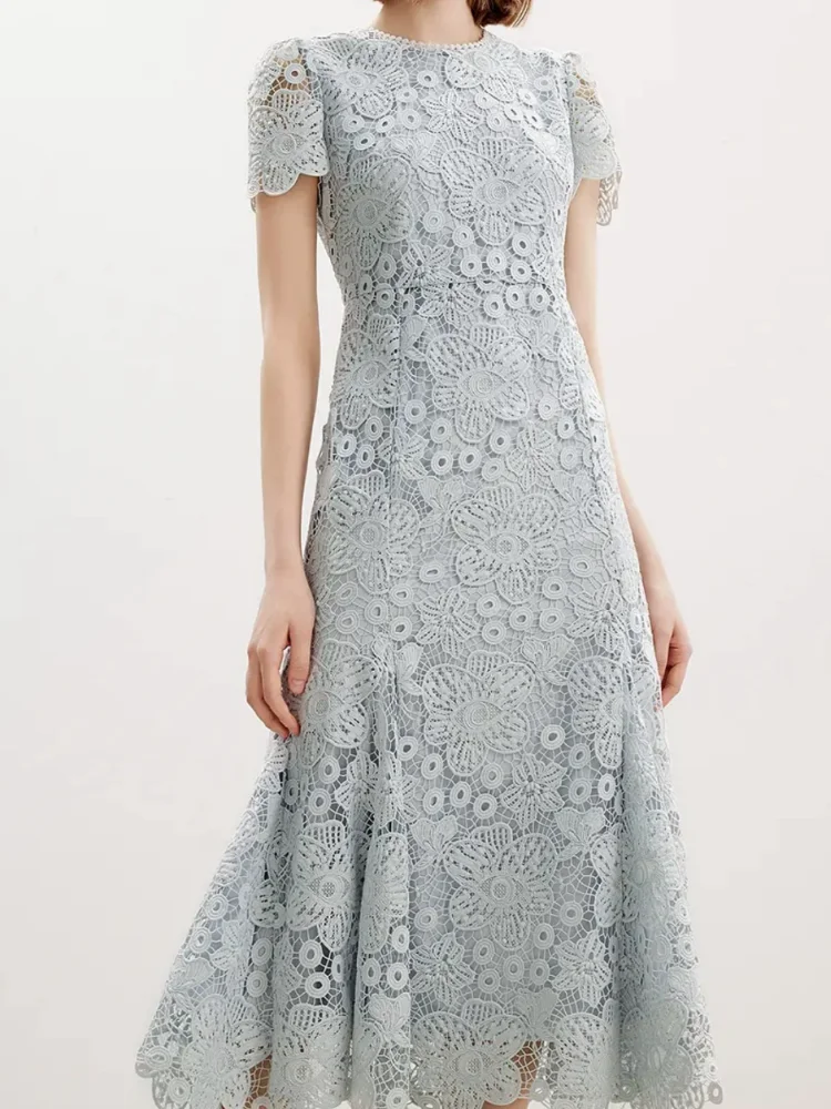 Vestidos elegantes de encaje con agujeros para mujer, Vestidos de sirena de trompeta lisos, cuello redondo, manga corta, flor de ganchillo, Vestidos de fiesta de noche para boda