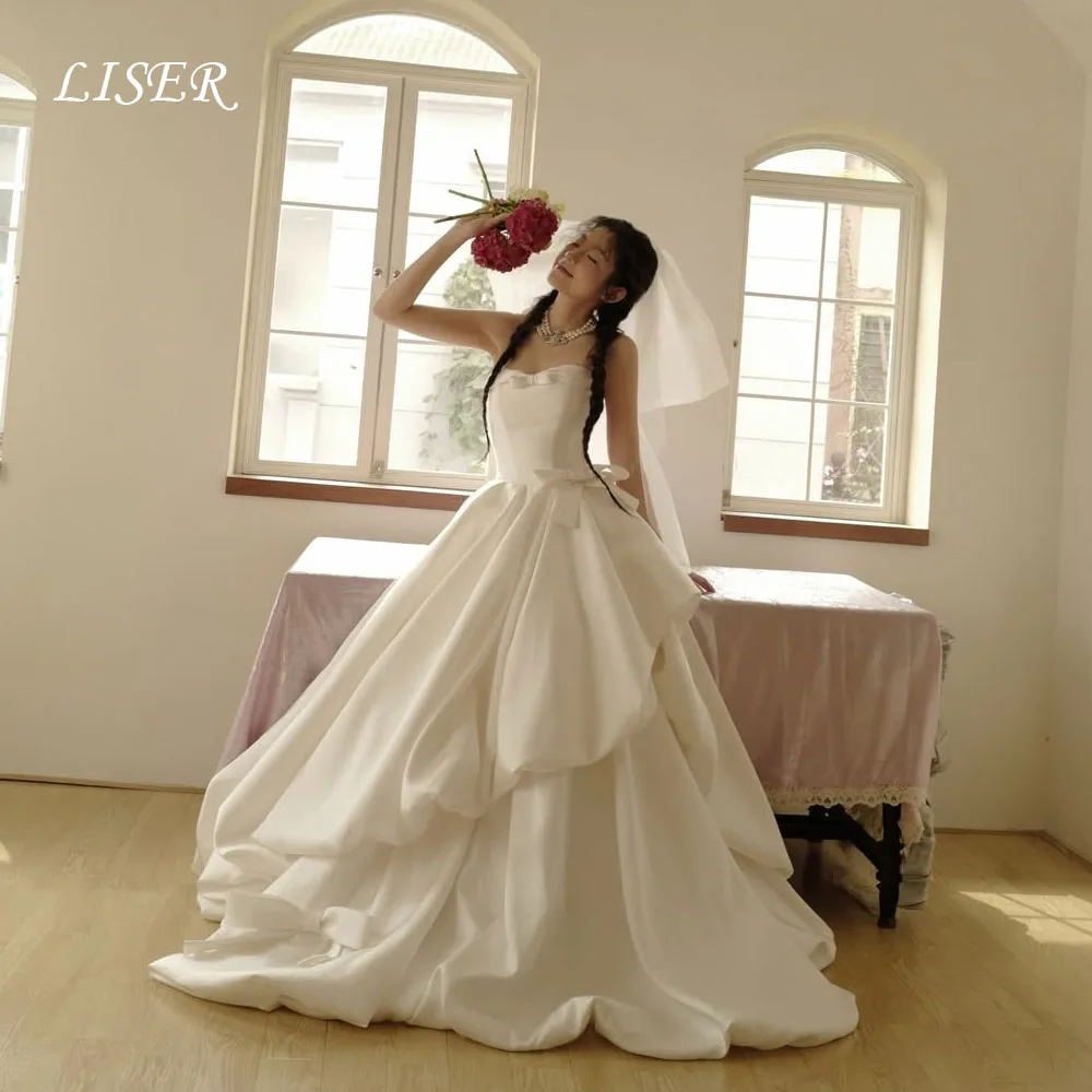 Liser Strapless A-Line Korea Wedding Dresses Ribbons Simple Satin Silk Customized Photo Shoot Elegant Bridal Gowns 웨딩드레스