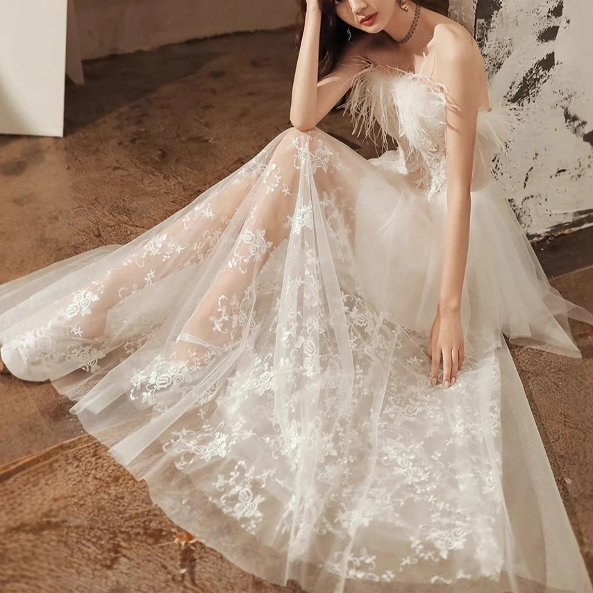

Women Gown Dress Party Long Dresses White Wedding Night Vestidos Evening Banquet Strapless Feather Streetwear Elegant Y2k